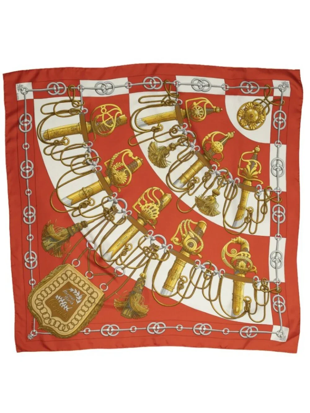 Hermes Scarf Red Gold White Silk